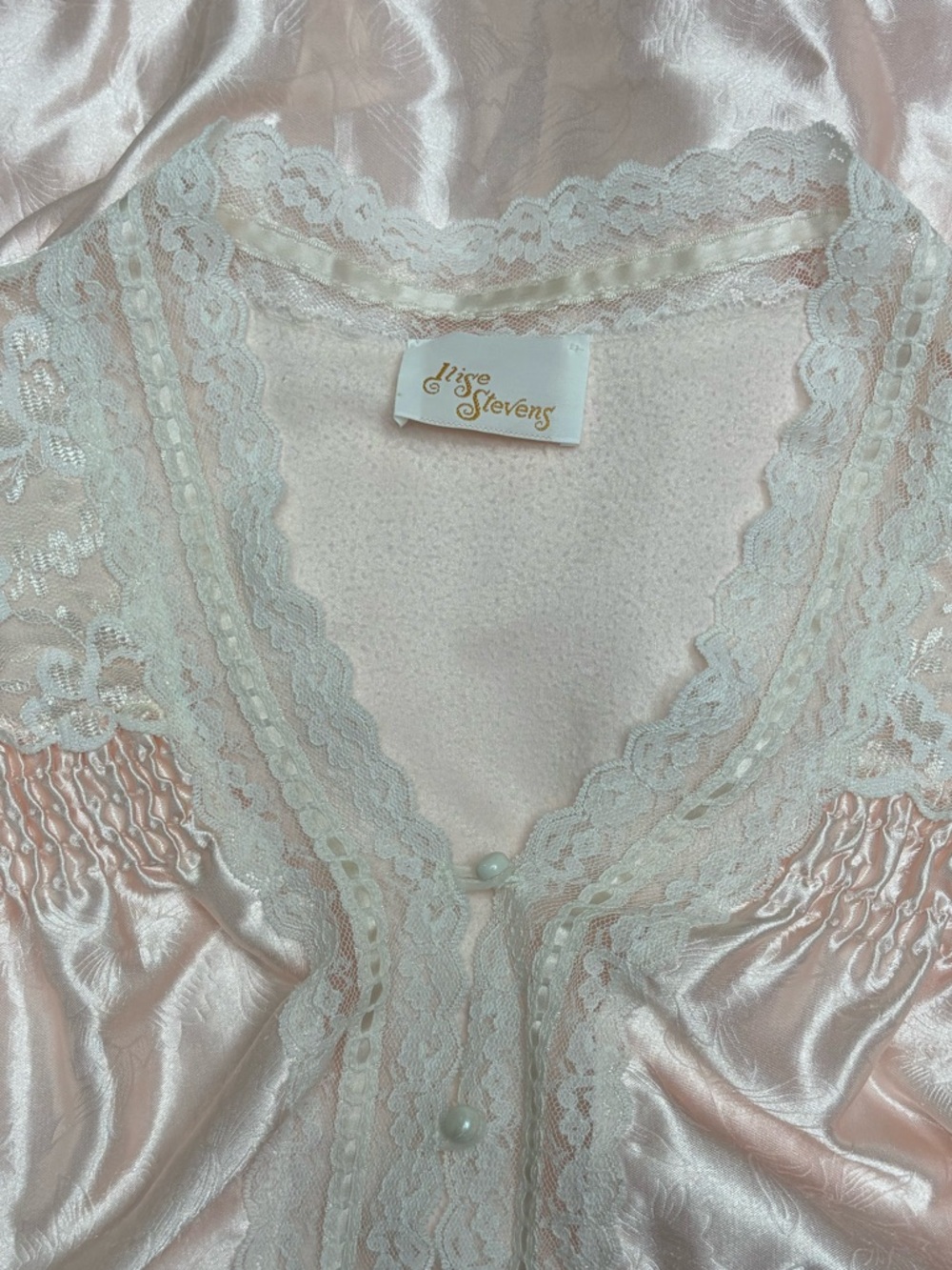 Vintage Soft Pink Satin Full Length Nightgown Lace Trim Poofy Long Sleeves L - Picture 9 of 12